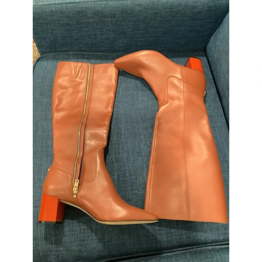 Calvin Klein Beautiful Knee High  Boots Leather US 8.5 Brown Gold